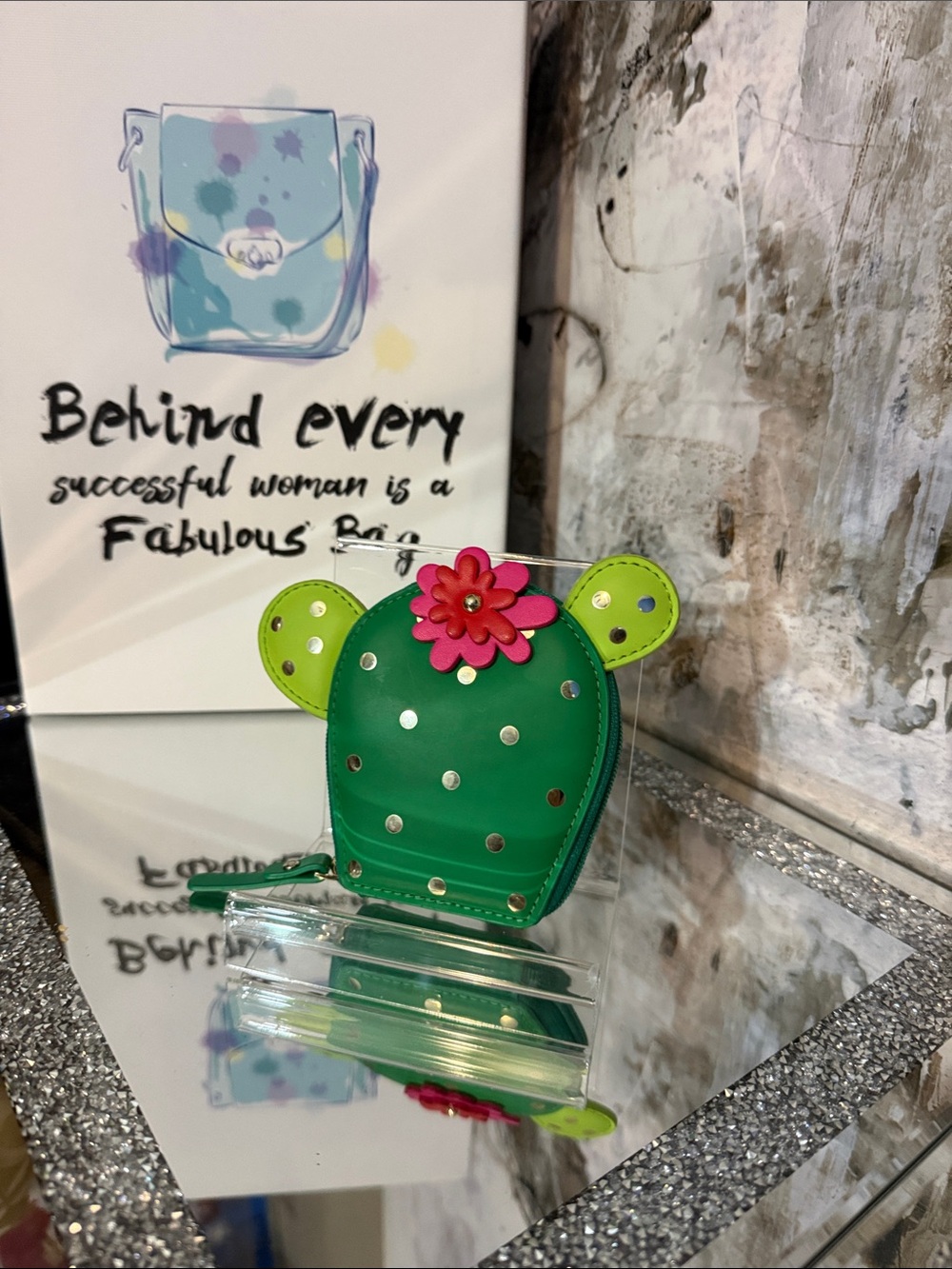 kate spade Green Cactus Coin Pouch with Pink Flower